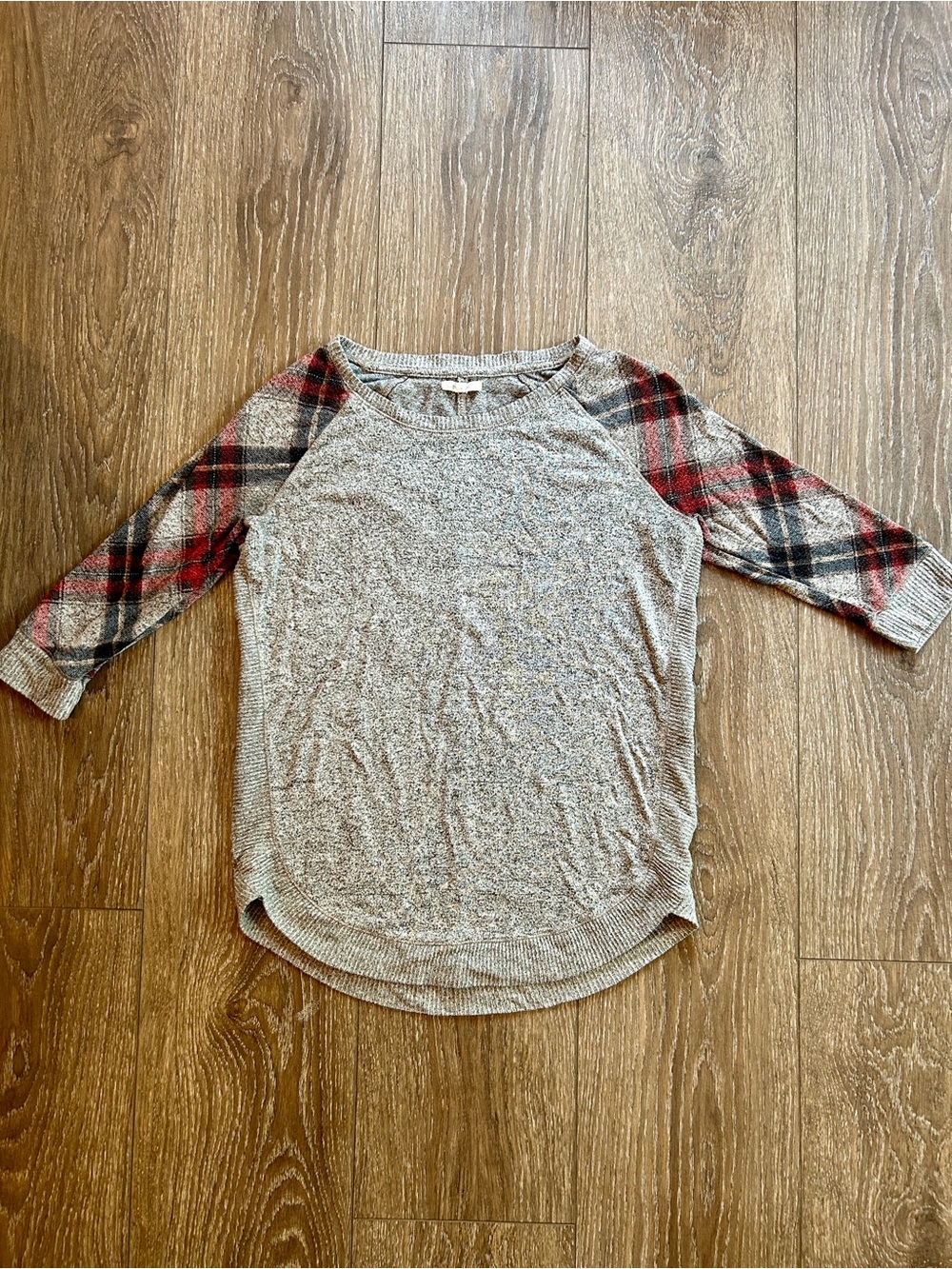 Maurices Heather Gray Top with Red and Black Plaid Raglan Sleeves